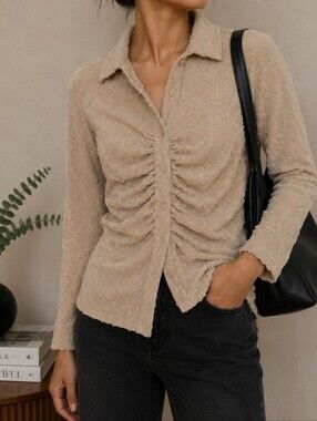Missguided Beige Flower Textured Ruched Button-Down Top